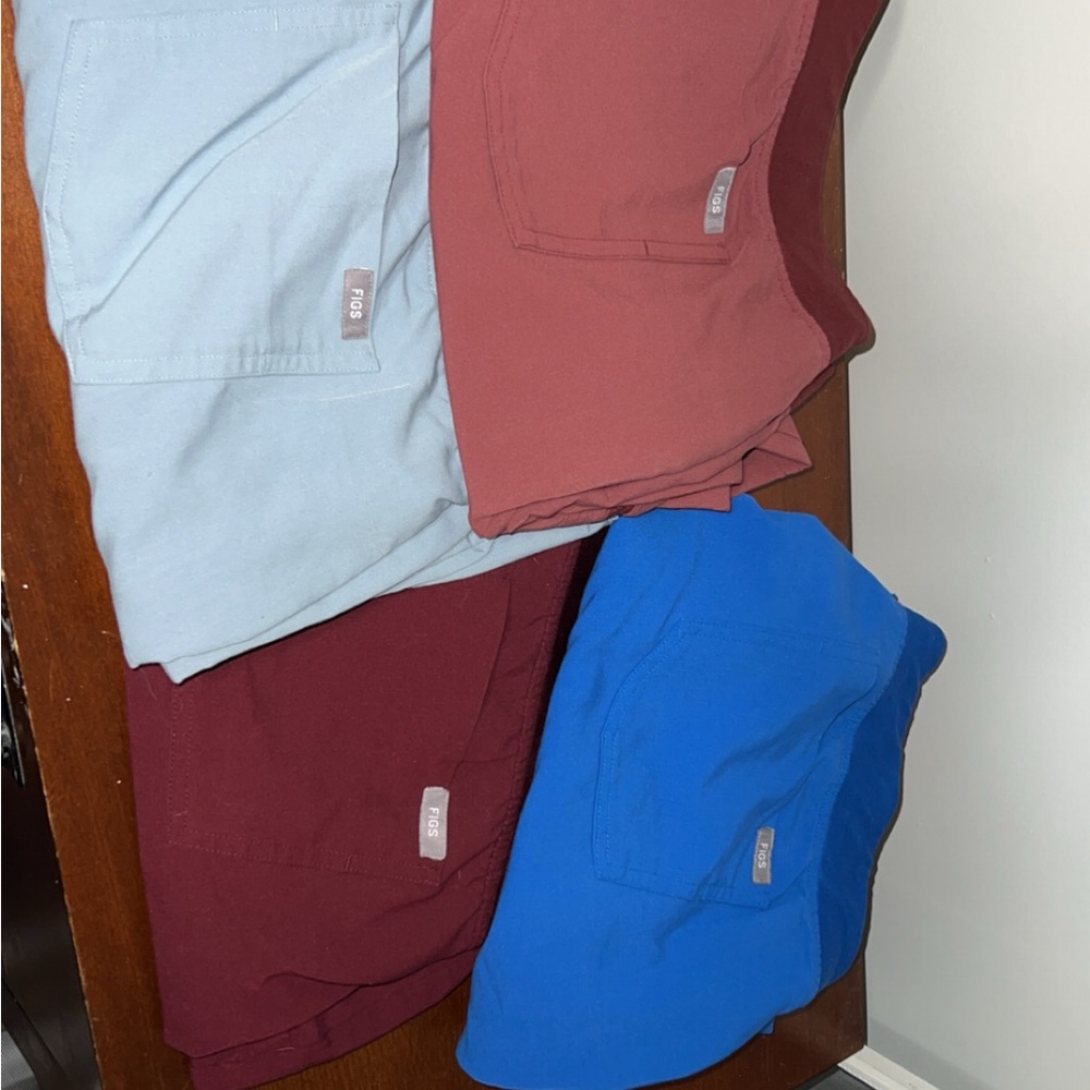 Set of Four Figs Scrub Pants in Royal Blue, Red, Burgundy, and Light Blue
